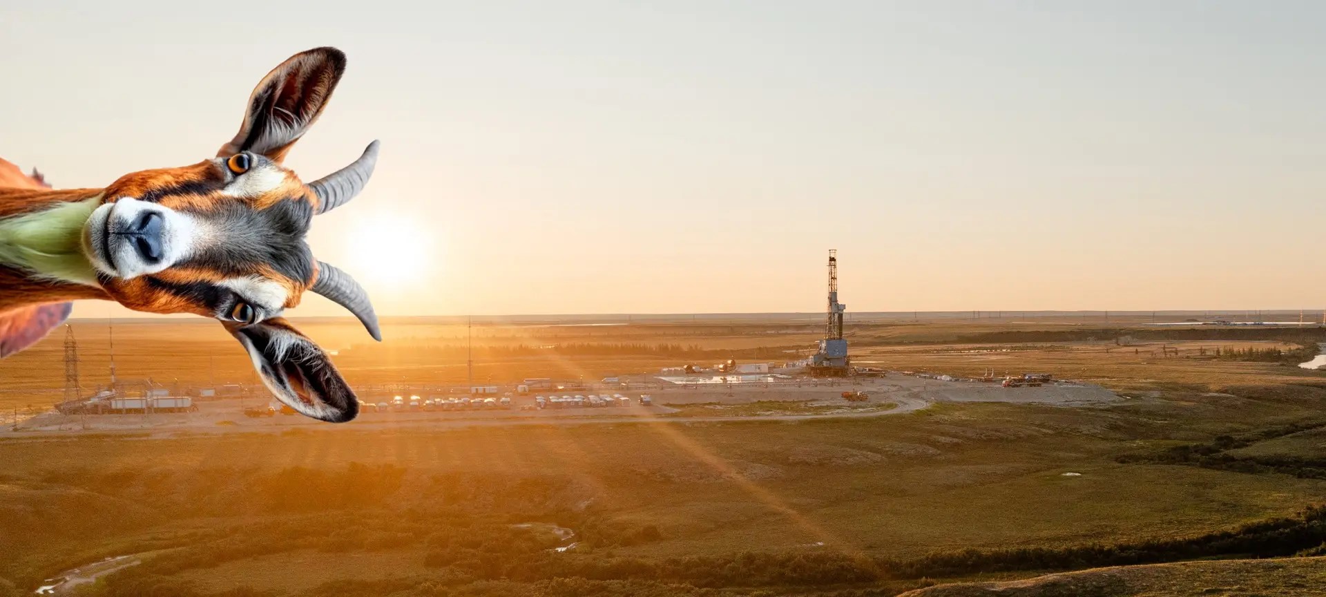 Козел прокрался на фотографию нефтегазового месторождения. Изображение сгенерировано нейросетью