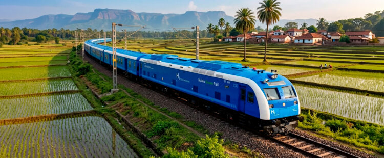 Изображение сгенерировано нейросетью на основе реального водородного поезда NaMo Green Rail в Индии