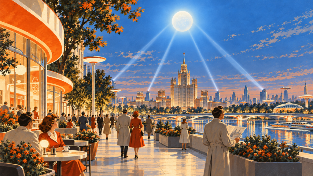 Улицы вечерней Москвы в свете &laquo;искусственного солнца&raquo;. Изображение сгенерировано нейросетью