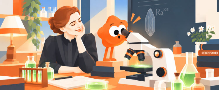 Мария Кюри исследует новый химический элемент в компании любопытного помощника