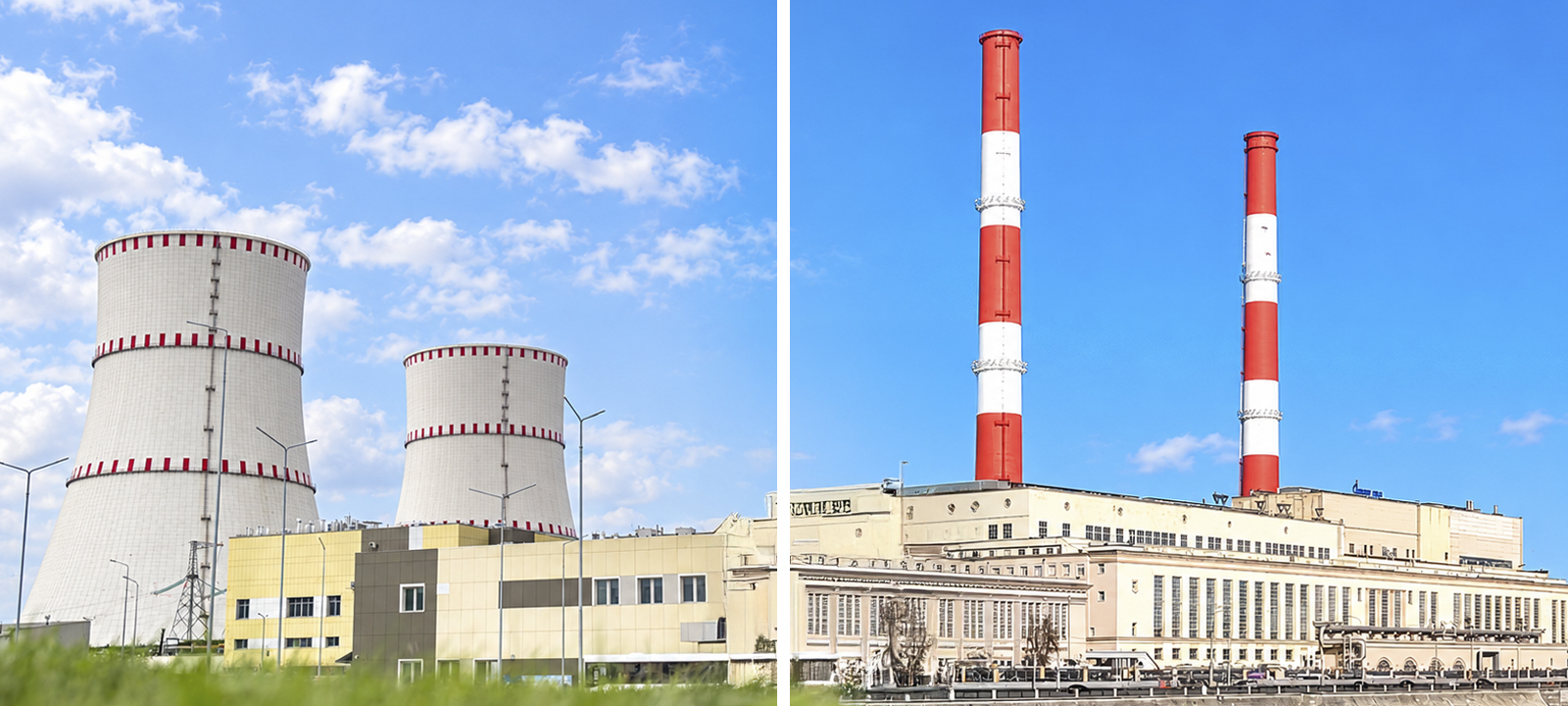 Атомная и тепловая электростанции. Коллаж создан нейросетью на основе оригинальных фото